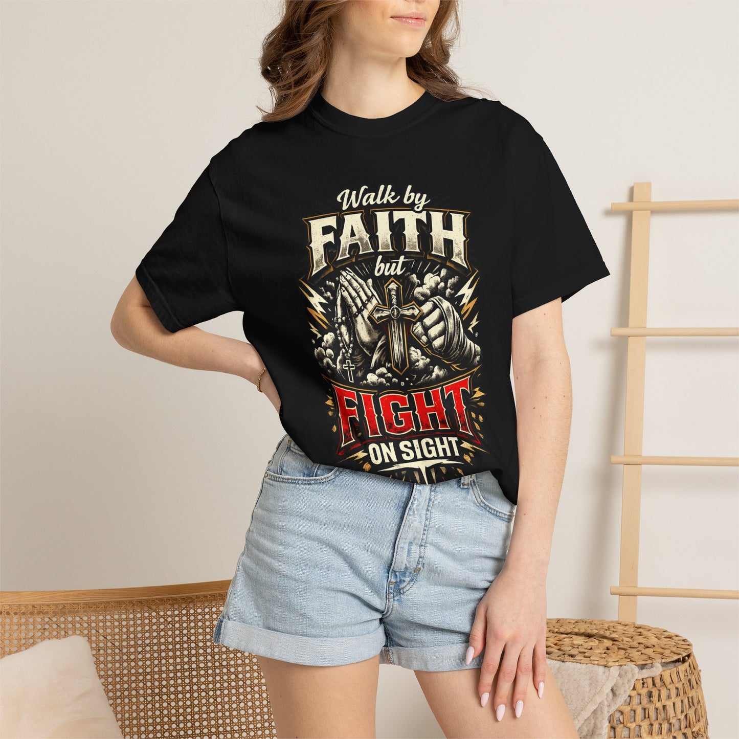 Faith But Fight On Sight T‑Shirt — Christian Warrior Graphic Tee