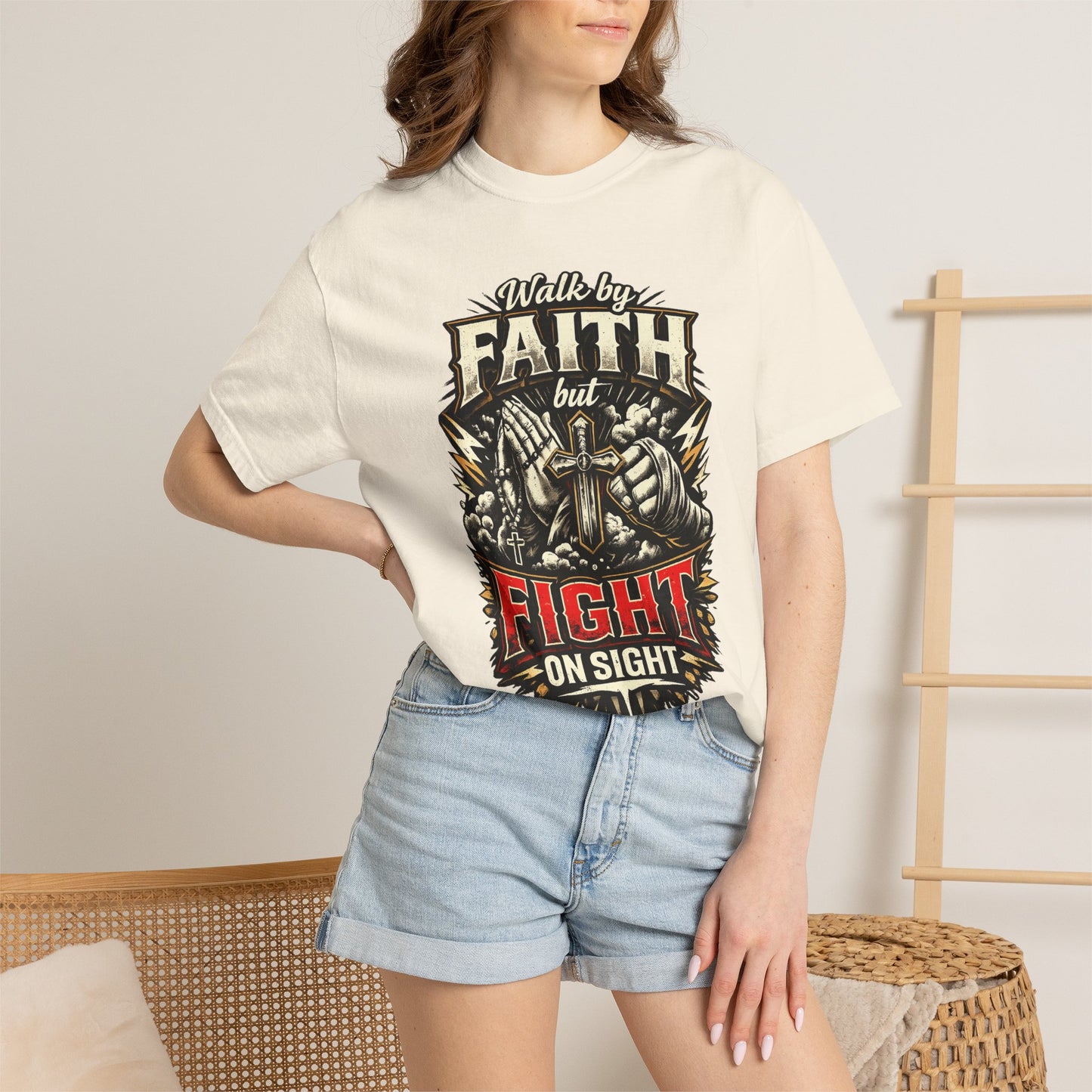 Faith But Fight On Sight T‑Shirt — Christian Warrior Graphic Tee