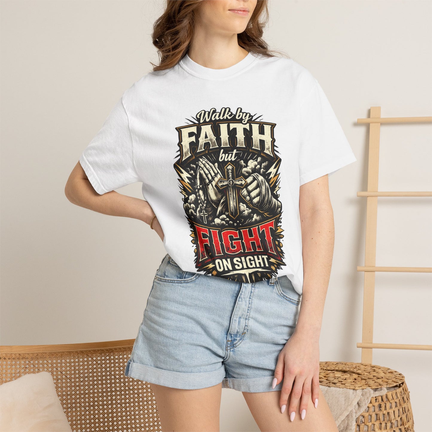 Faith But Fight On Sight T‑Shirt — Christian Warrior Graphic Tee