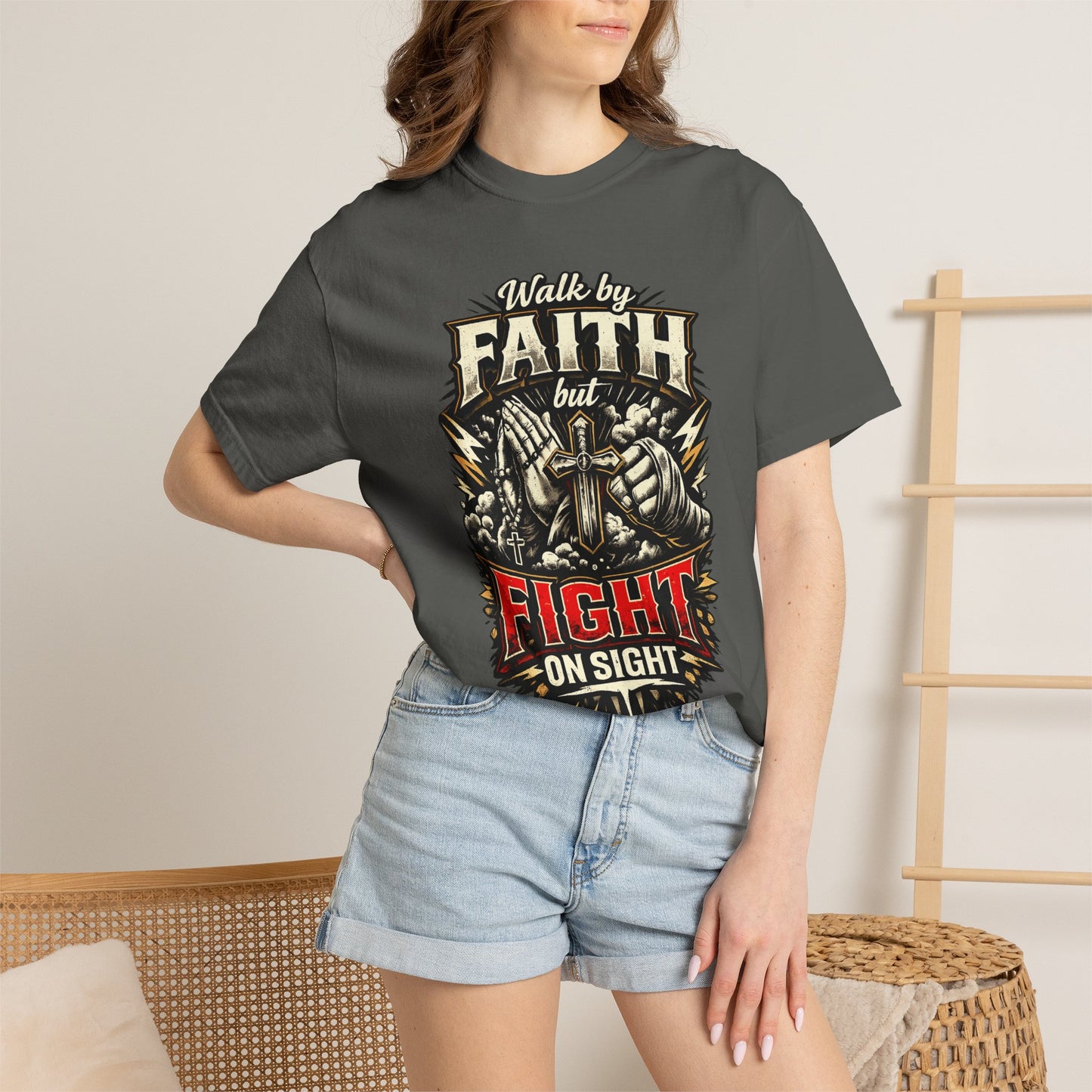 Faith But Fight On Sight T‑Shirt — Christian Warrior Graphic Tee