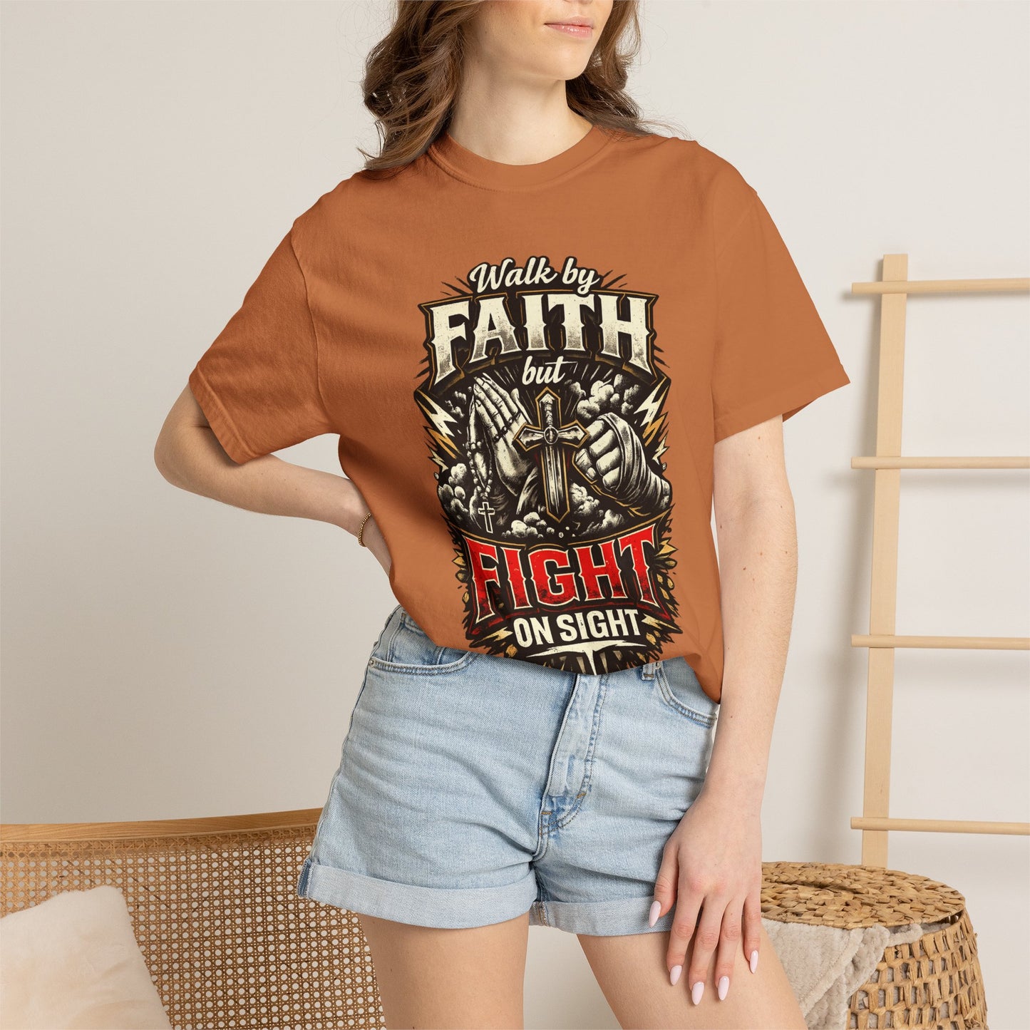 Faith But Fight On Sight T‑Shirt — Christian Warrior Graphic Tee
