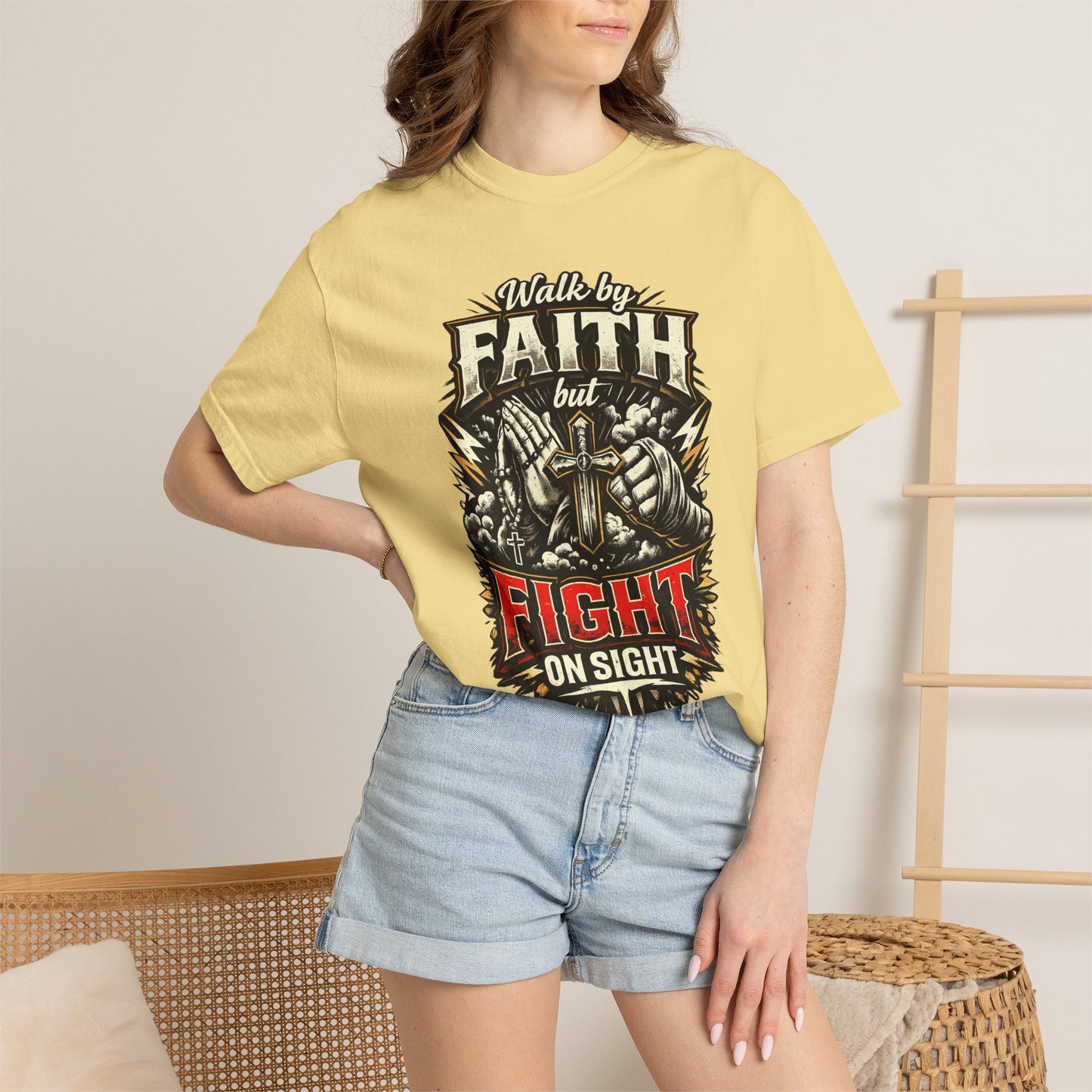 Faith But Fight On Sight T‑Shirt — Christian Warrior Graphic Tee
