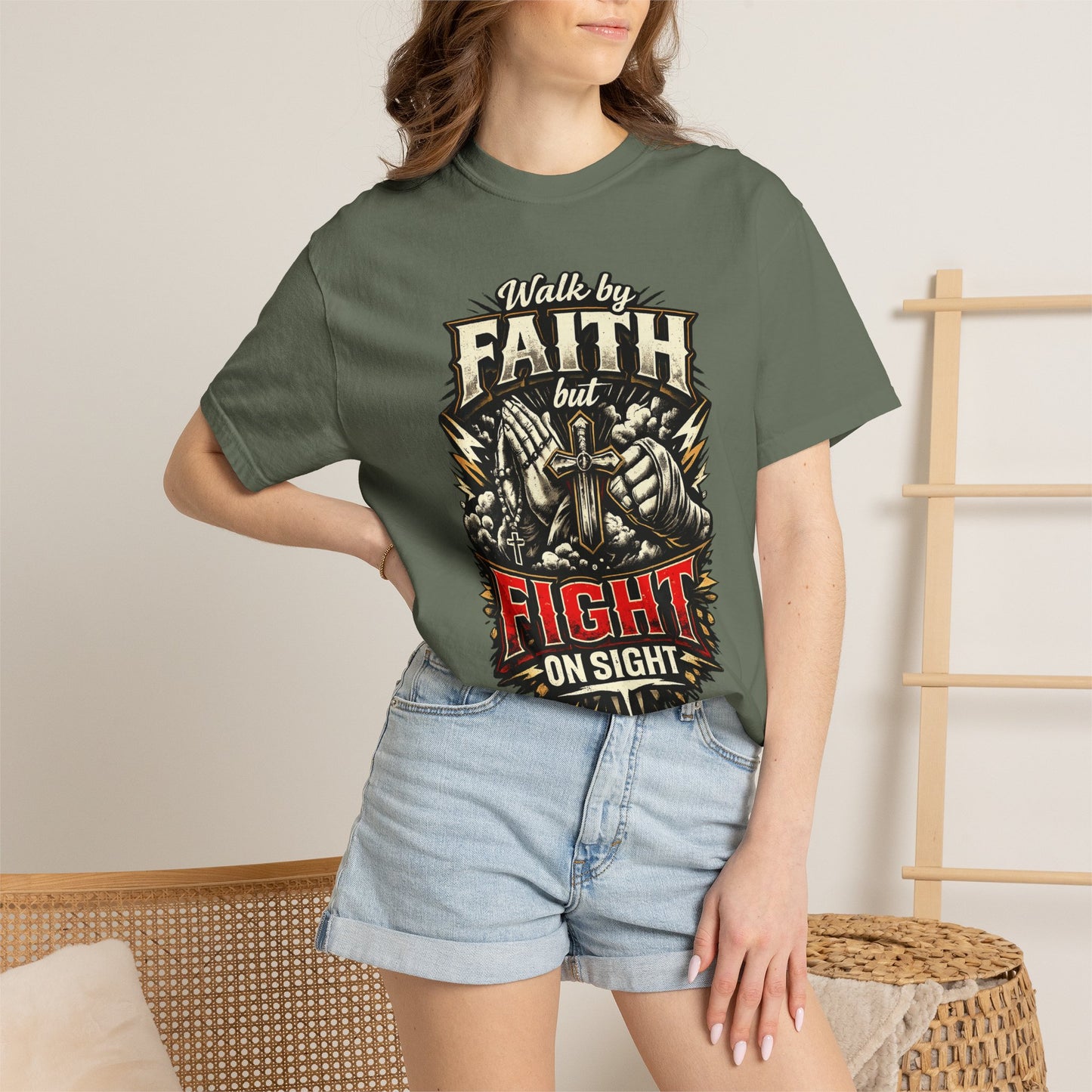 Faith But Fight On Sight T‑Shirt — Christian Warrior Graphic Tee