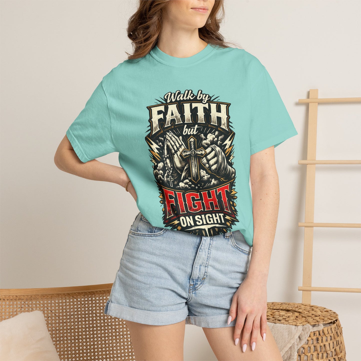 Faith But Fight On Sight T‑Shirt — Christian Warrior Graphic Tee