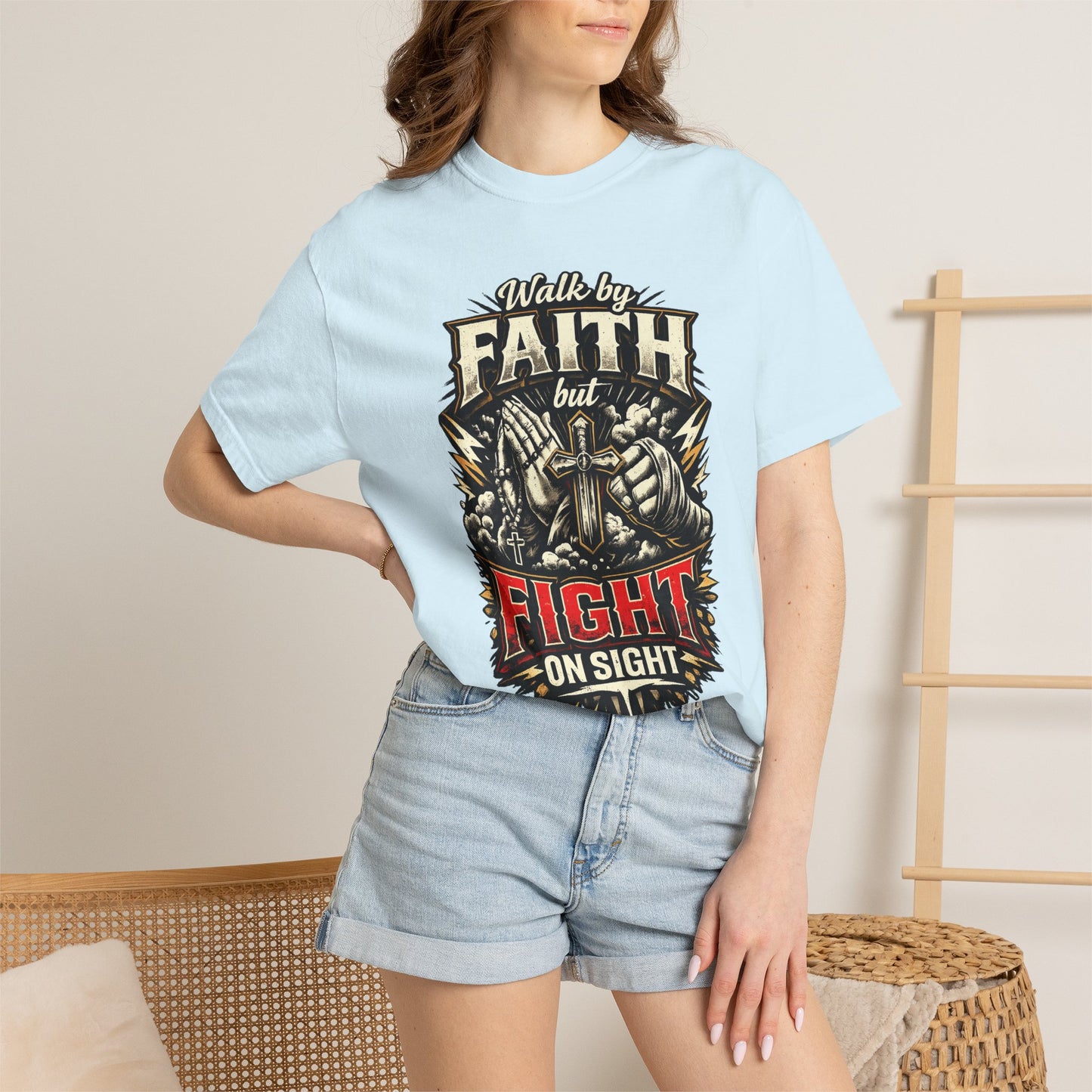 Faith But Fight On Sight T‑Shirt — Christian Warrior Graphic Tee